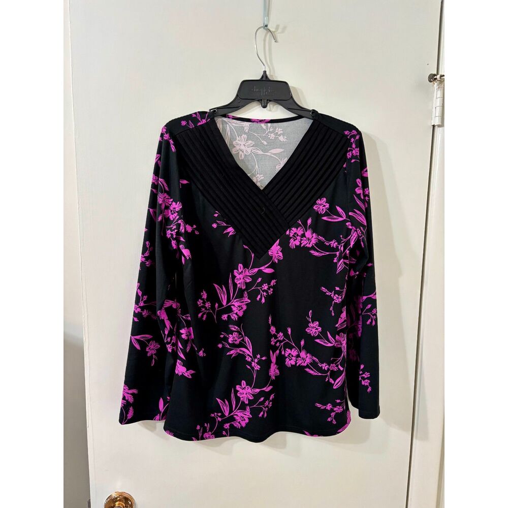 ONLYSHE Black w/ Violet Floral Womens Large Long Sleeve V-Neck Jersey/Tunic